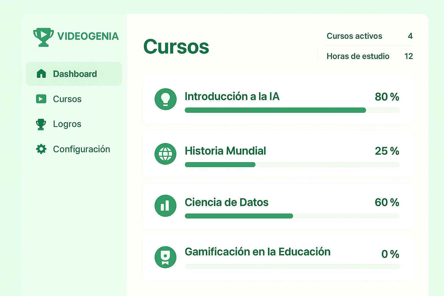 Dashboard de Videogenia mostrando cursos y progreso